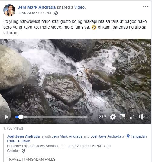 Screen Shot of  Jem's Post on his Facebook Page describing our trip to Tangadan Falls, San Gabriel, La Union.